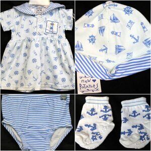 New Potatoes 5pc Outfit Sailor Dress Baby Girl 6m Diaper Cover Hat Socks Anchor